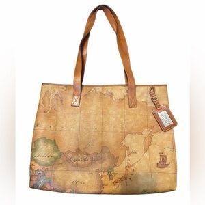 Alviero Martini Tan Map Print Tote